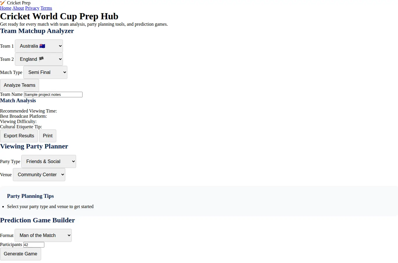 Screenshot of Cricket World Cup Prep Hub interface showing the project page in use